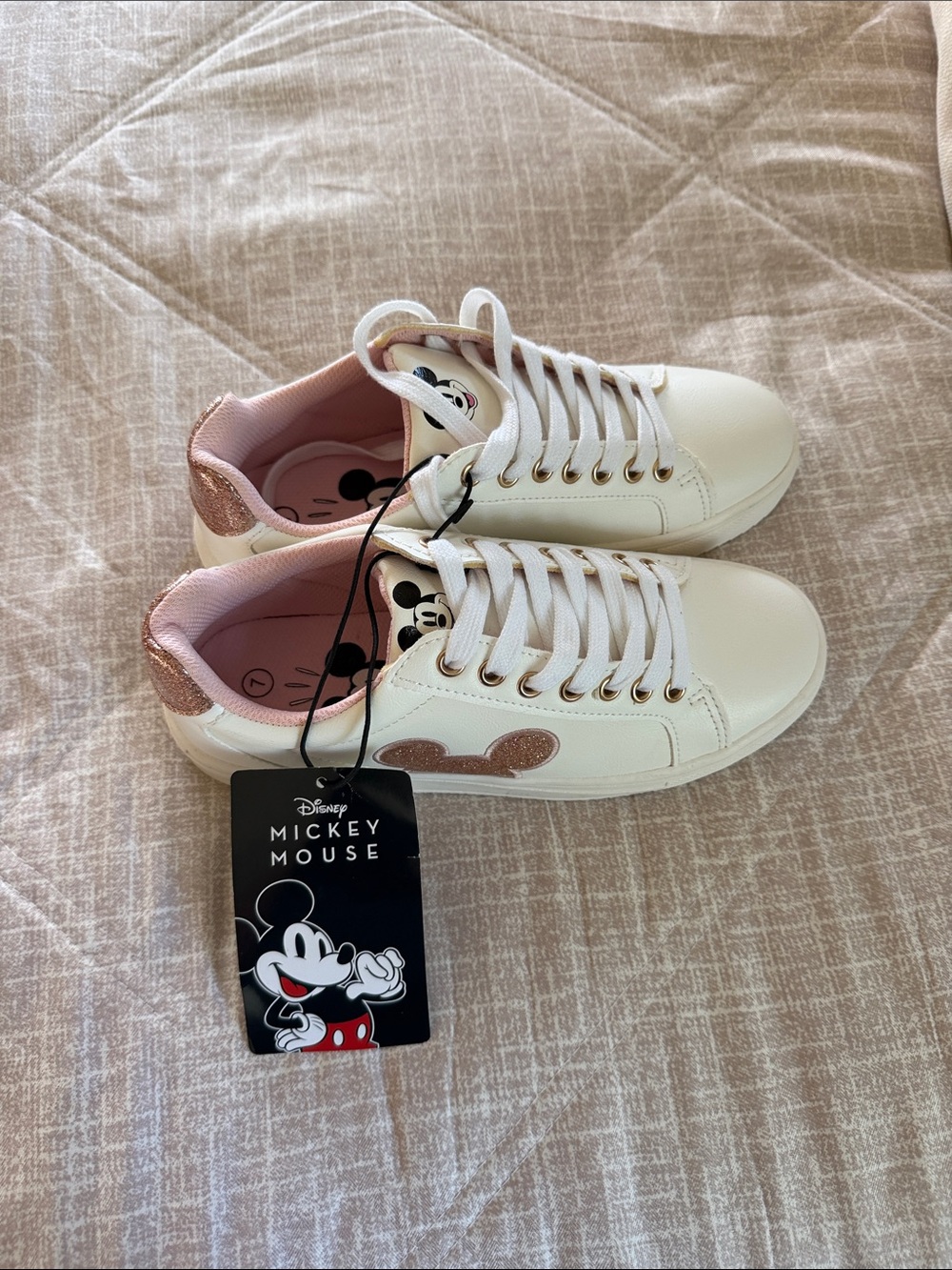 Disney White Sneakers with Pink and Rose Gold Glitter Mickey Accent